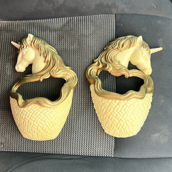 1987 Burwood Unicorn Wall Pocket Pair 2819-1 & 2819-2 Ivory Gold USA Regency - Picture 15 of 16